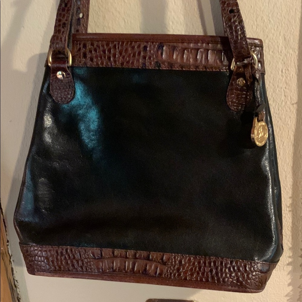Brahmin Black and Brown Shoulder Bag with Croc-Embossed Trim